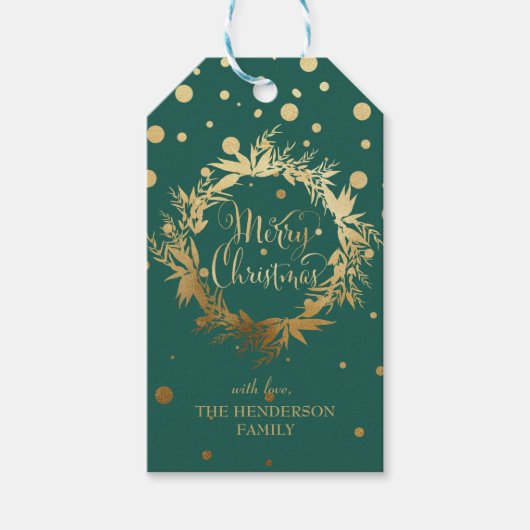 Groen Goud Vrolijk Kerstmis Eucalyptus Krans Cadeaulabel (Voorkant)