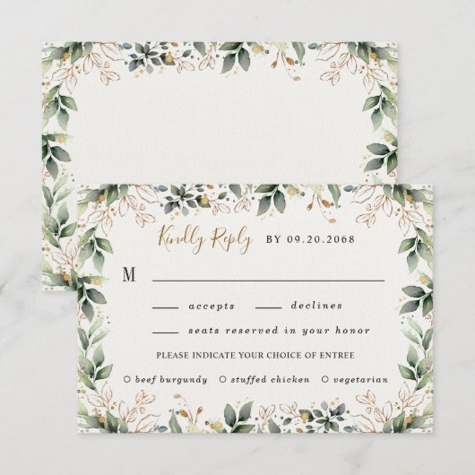 Groen Goud Waterverf Boho Maaltijd Keuze Bruiloft RSVP Kaartje (Voorkant / Achterkant)