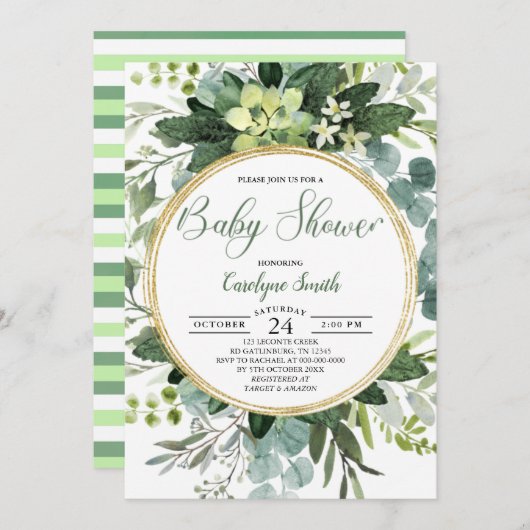 Groen goud Waterverf Botanisch Baby shower Kaart (Voorkant / Achterkant)