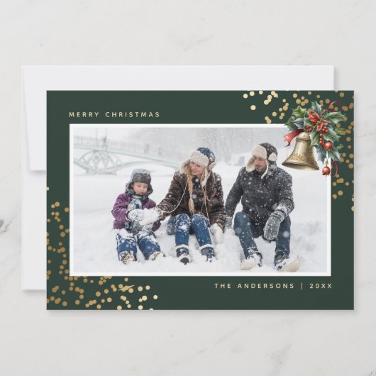Groen Goud Waterverf Holly Bell Foto Feestdagenkaart (Voorkant)