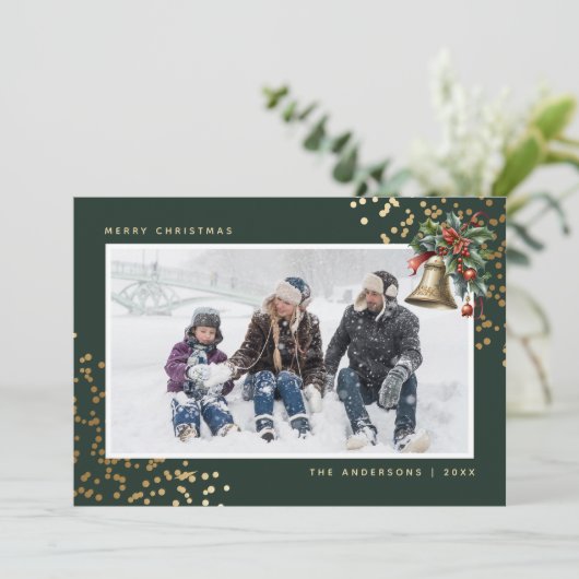 Groen Goud Waterverf Holly Bell Foto Feestdagenkaart (Staand voorkant)