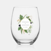 Groen & Goud Waterverf Tropisch Bruiloft Wijnglas Zonder Voet (Voorkant)