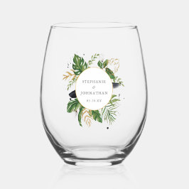 Groen & Goud Waterverf Tropisch Bruiloft Wijnglas Zonder Voet