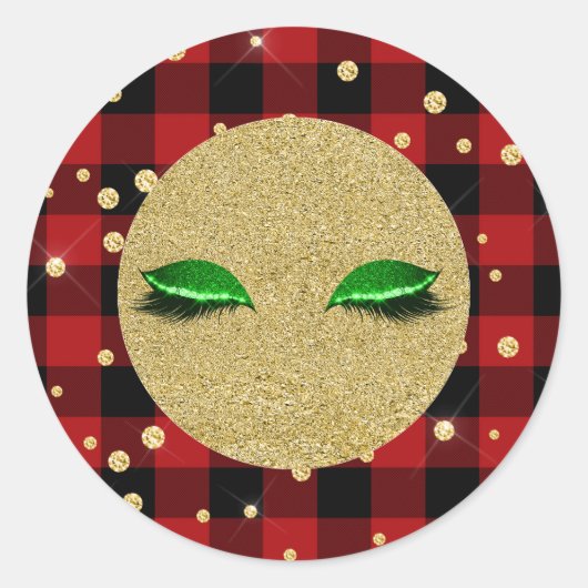 Groen Goud Wimpers Vakantie Rode Buffel Plaid Ronde Sticker (Voorkant)