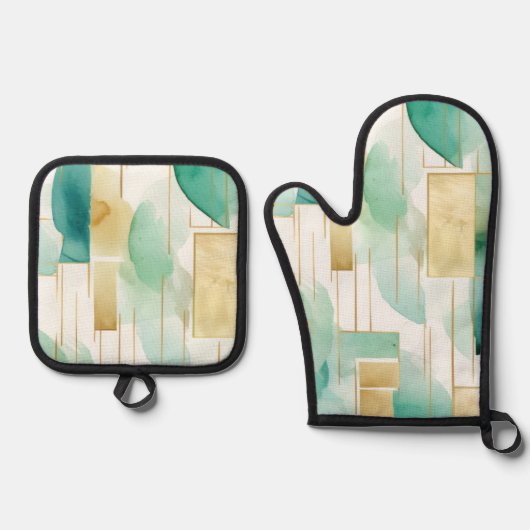 Groen Goud Wit Abstract Ovenwant & Pannenlap Set (Voorkant)