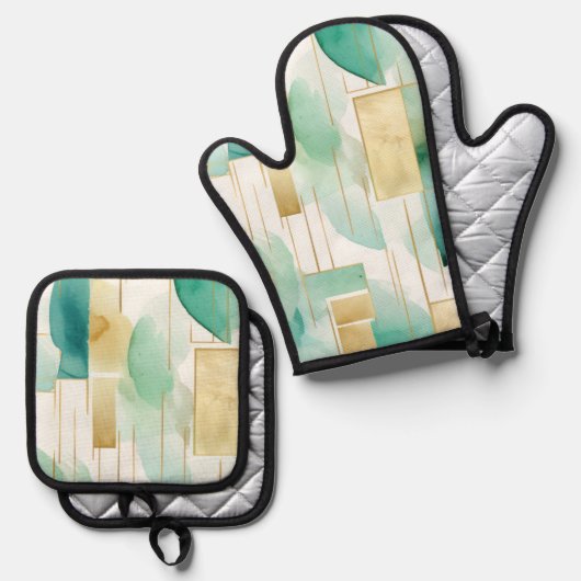 Groen Goud Wit Abstract Ovenwant & Pannenlap Set (Voorkant / Achterkant)