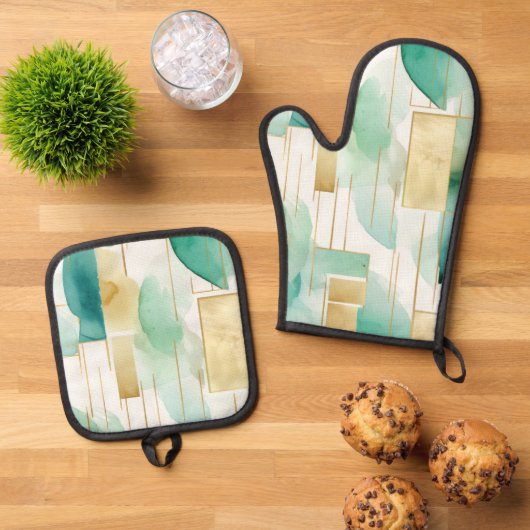Groen Goud Wit Abstract Ovenwant & Pannenlap Set (Top down)