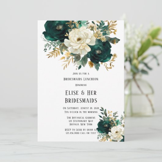 Groen Goud Wit Bloemen Bruidsmeisjes Luncheon Kaart (Staand voorkant)