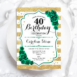 Groen Goud Wit Strepen Bloemen 40e Verjaardag Kaart<br><div class="desc">Uitnodiging voor het 40e verjaardagsfeestje. Elegant bloemig smaragdgroen design met rozen. Beschikt over faux glitter gouden en witte strepen en script lettertype. Perfect voor een stijlvolle vrouwendag. Kan voor om het even welke leeftijd worden aangepast! Gedrukte Zazzle-uitnodigingen of direct download digitale afdrukbare sjabloon.</div>