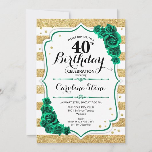 Groen Goud Wit Strepen Bloemen 40e Verjaardag Kaart (Voorkant)