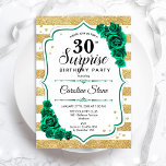 Groen Goud Wit Verrassing 30e Verjaardag Kaart<br><div class="desc">Verrassing 30e verjaardag feestuitnodiging. Vrouwelijk smaragdgroen ontwerp met faux glitter goud. Met witte en gouden strepen,  rozen,  script lettertype en confetti. Perfect voor een elegante viering van een vrouwendag. Kan worden gepersonaliseerd om elke leeftijd te shows. Gedrukte Zazzle-uitnodigingen of direct download digitale afdrukbare sjabloon.</div>