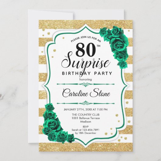 Groen Goud Wit Verrassing 80ste Verjaardag Kaart (Voorkant)