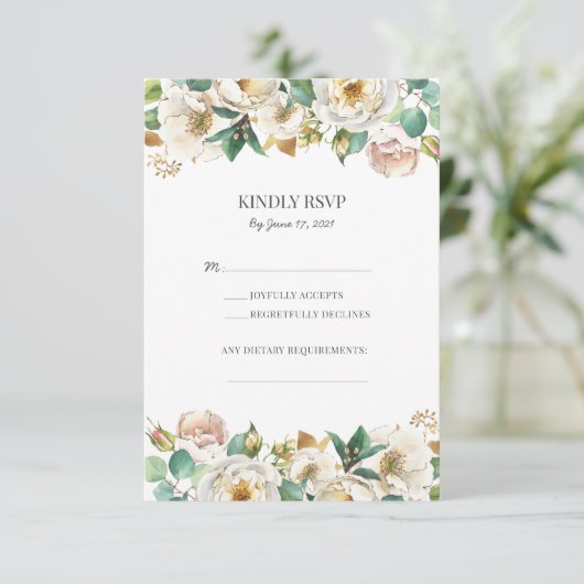 Groen goud witte bloem bruiloft RSVP kaarten (Staand voorkant)