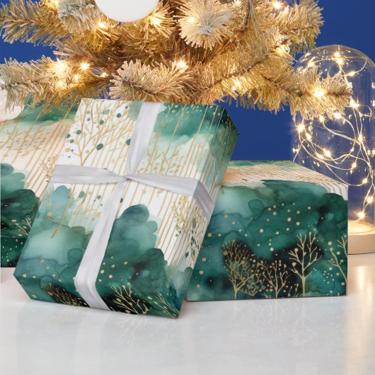 Groen Goud Witte Bomen Kerstmis Cadeaupapier (Feestdagen)