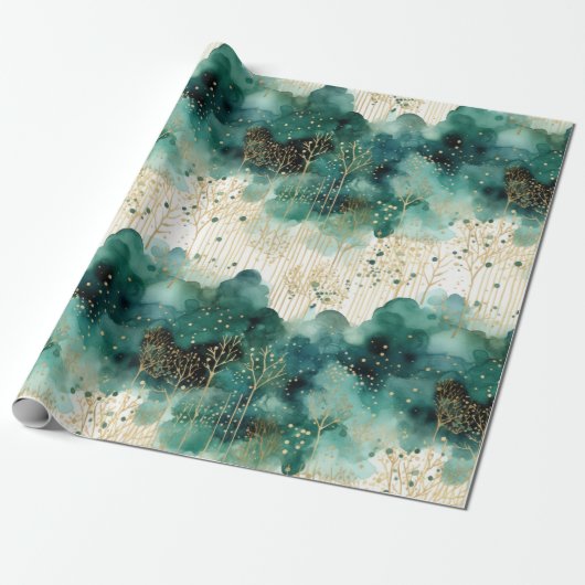 Groen Goud Witte Bomen Kerstmis Cadeaupapier (Uitgerold)