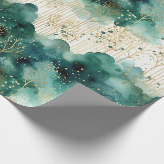 Groen Goud Witte Bomen Kerstmis Cadeaupapier (Hoek)