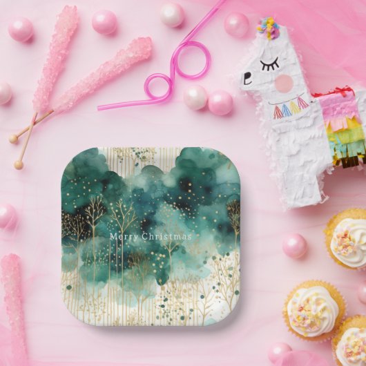 Groen Goud Witte Bomen Kerstmis Papieren Bordje (Feest)