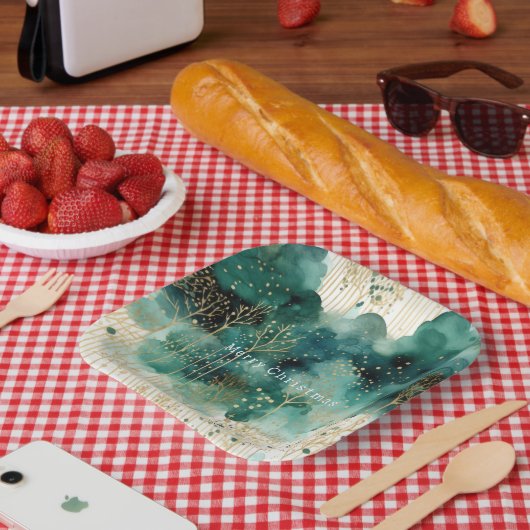 Groen Goud Witte Bomen Kerstmis Papieren Bordje (Picknick)