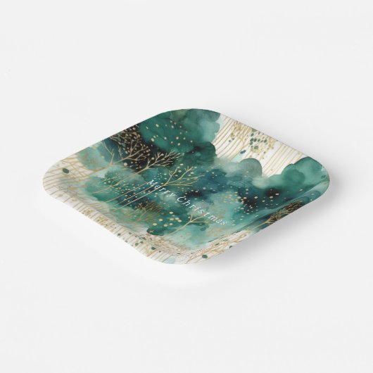 Groen Goud Witte Bomen Kerstmis Papieren Bordje (Gebogen)