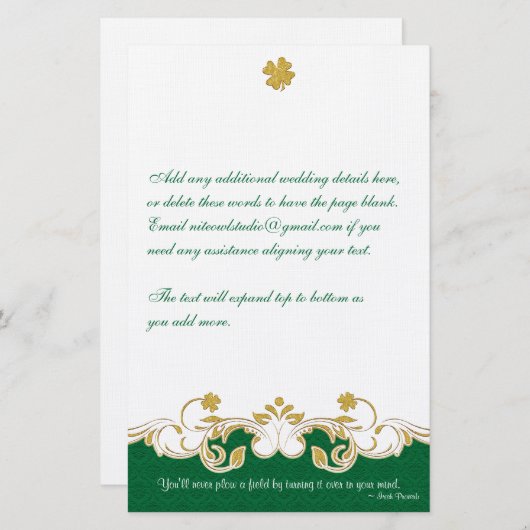 Groen, goud, witte scrollers, shamrocks Stationery Briefpapier (Voorkant / Achterkant)