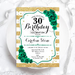 Groen Goud & Witte Strepen Bloemen 30ste Verjaarda Kaart<br><div class="desc">Uitnodiging voor het 30e verjaardagsfeestje. Elegant bloemig smaragdgroen design met rozen. Beschikt over faux glitter gouden en witte strepen en script lettertype. Perfect voor een stijlvolle vrouwendag. Kan voor om het even welke leeftijd worden aangepast! Gedrukte Zazzle-uitnodigingen of direct download digitale afdrukbare sjabloon.</div>