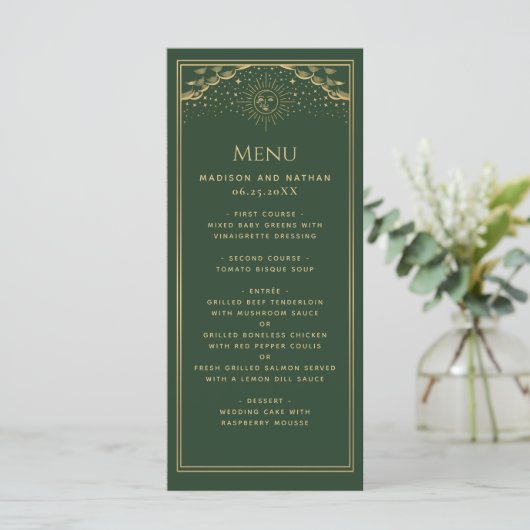 Groen Goud Zon en Maan Tarot Kaart Wedding Menu (Staand voorkant)