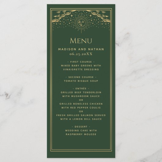 Groen Goud Zon en Maan Tarot Kaart Wedding Menu (Voorkant)