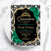 Groen Goud Zwart Damast Elegant Quinceanera Kaart