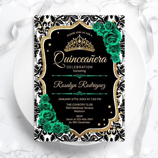 Groen Goud Zwart Damast Elegant Quinceanera Kaart