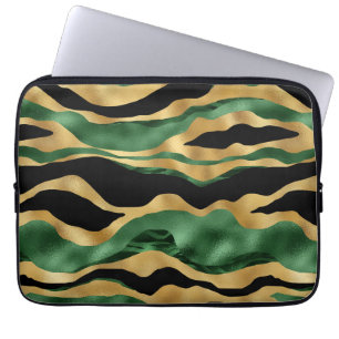 Groen Goud Zwart Glitter Golven Laptop Sleeve