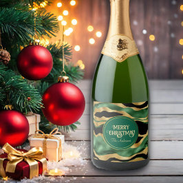 Groen Goud Zwart Glitter Golven Sparkling Wijnetiket