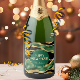 Groen Goud Zwart Glitter Golven Sparkling Wijnetiket