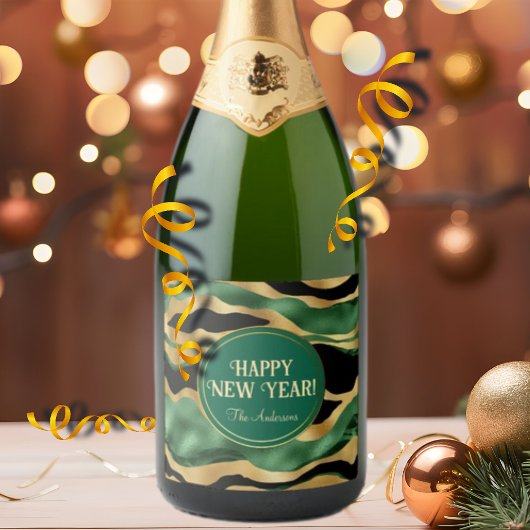 Groen Goud Zwart Glitter Golven Sparkling Wijnetiket