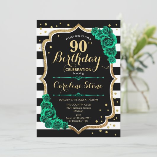 Groen Goud Zwart & Wit Strepen 90ste Verjaardag Kaart (Staand voorkant)