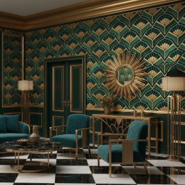 Groen Gouden Art Deco Waaiers Behang