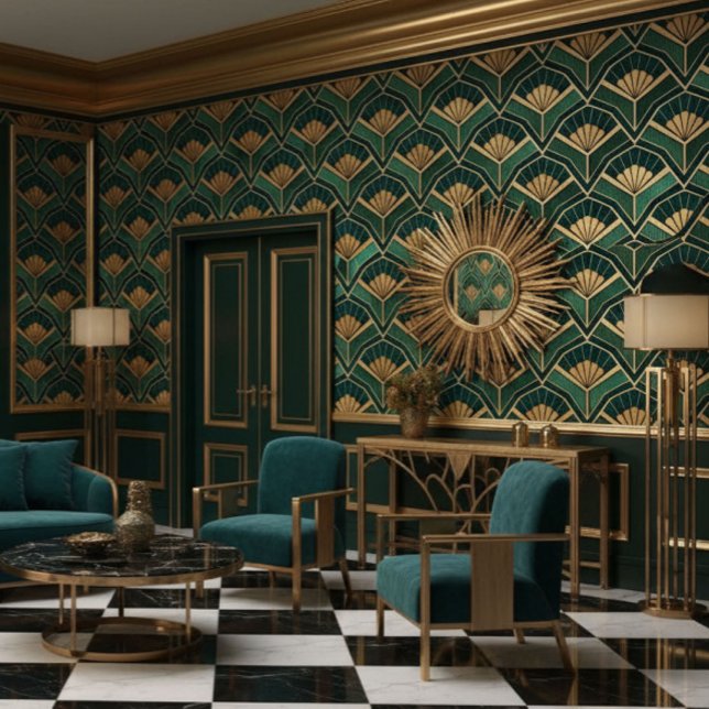 Groen Gouden Art Deco Waaiers Behang (Creator heeft geüpload)