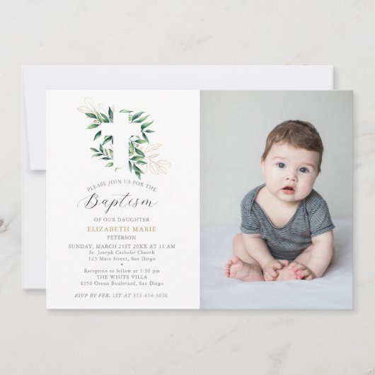 groen gouden bladeren Baby peuter foto doop Kaart (Voorkant)