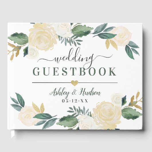 Groen Gouden Bloemige Gebladerte Trouw Monogram Gastenboek (Voorkant)