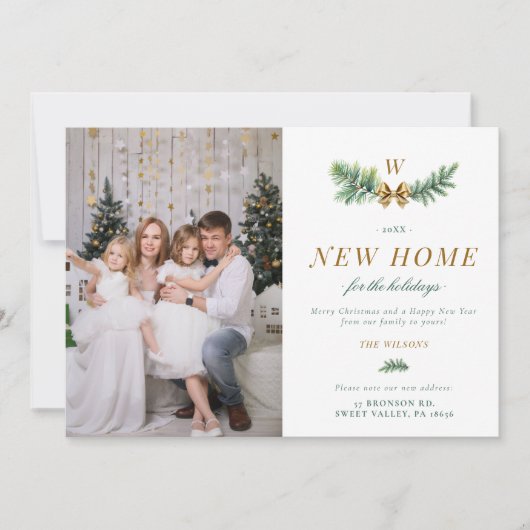 Groen Gouden Boog Bewegend Familie Monogram 2 Foto Feestdagenkaart (Voorkant)