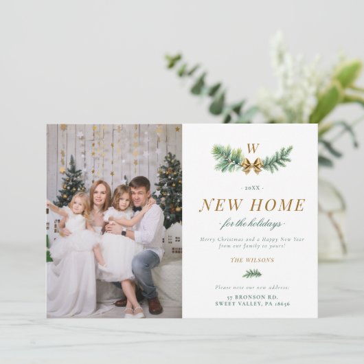 Groen Gouden Boog Bewegend Familie Monogram 2 Foto Feestdagenkaart (Staand voorkant)