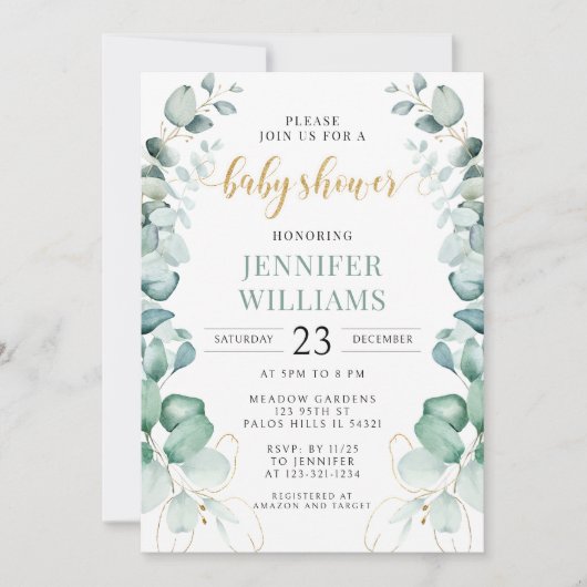 Groen gouden eucalyptus baby shower uitnodiging (Voorkant)