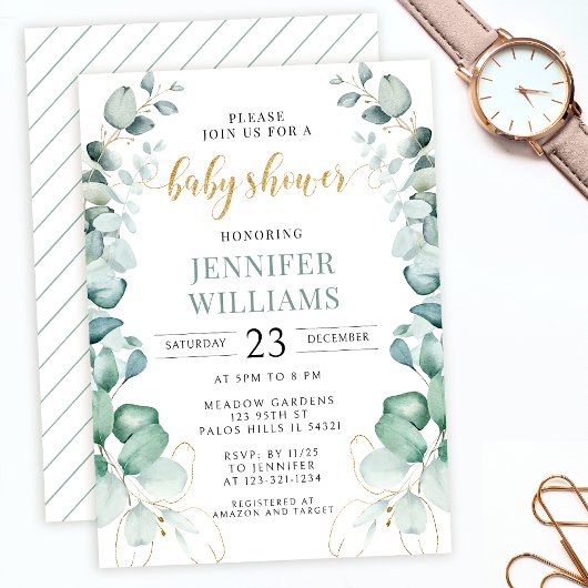 Groen gouden eucalyptus baby shower uitnodiging