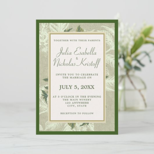  groen gouden gebladerte Lijst bruiloft Kaart (Staand voorkant)