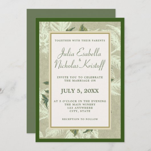  groen gouden gebladerte Lijst bruiloft Kaart (Voorkant / Achterkant)