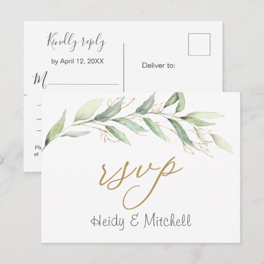 Groen & gouden gebladerte RSVP-Briefkaart Briefkaart (Voorkant / Achterkant)