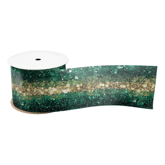 Groen Gouden Glitter Kerstmis Satijnen Lint (Spoel)