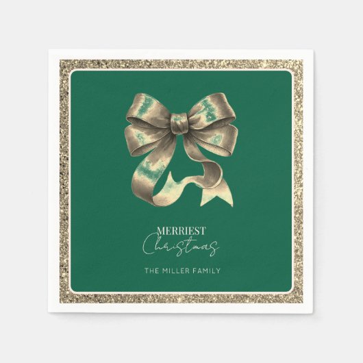 Groen Gouden Glitterde Bow Kerst Papier Servet (Voorkant)
