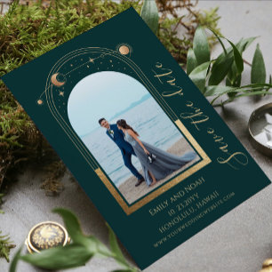 Groen Gouden Hemelse Zon Maan Sterren Trouwfoto Save The Date