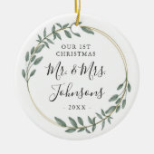Groen gouden krans onze eerste kerst keramisch ornament (Voorkant)