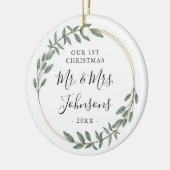 Groen gouden krans onze eerste kerst keramisch ornament (Links)